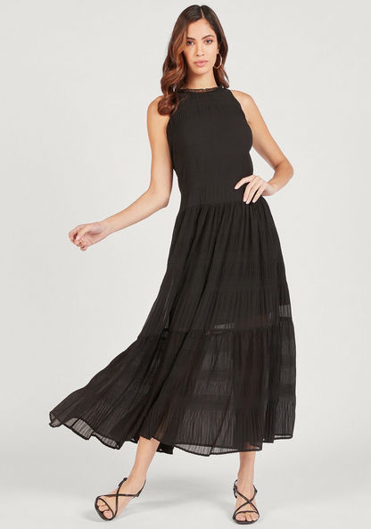 Textured Maxi Sleeveless Tiered Dress with Ruffle Detail-Dresses-image-0