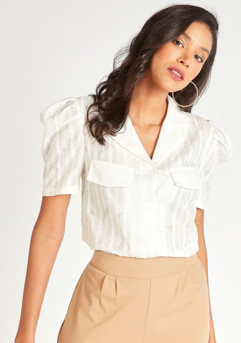 Textured Top with Camp Collar and Short Sleeves-Shirts & Blouses-image-0