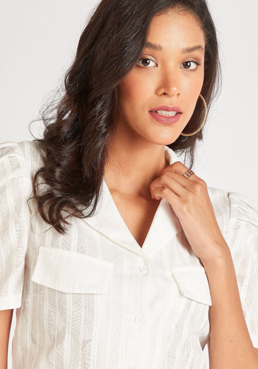 Textured Top with Camp Collar and Short Sleeves-Shirts & Blouses-image-2