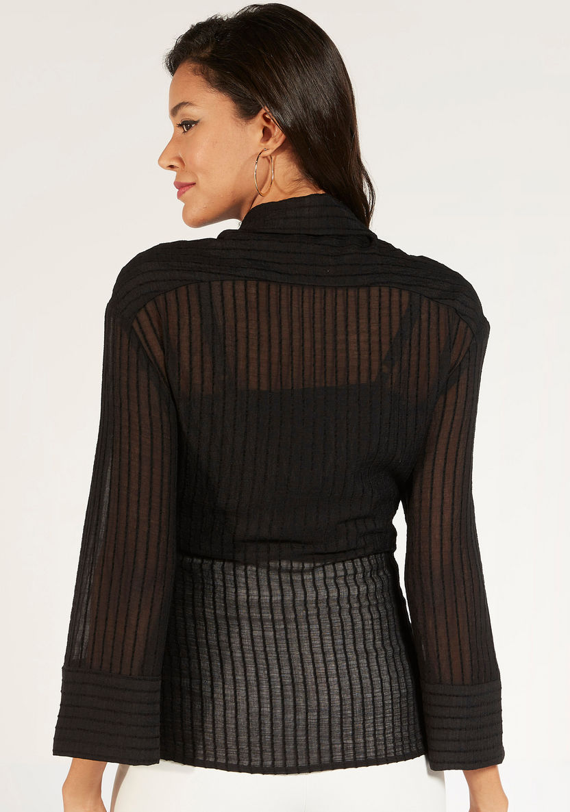 Textured Top with Neck Tie-Up and Long Sleeves-Shirts & Blouses-image-3