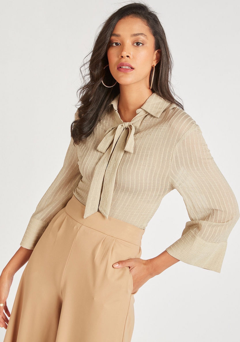 Textured Top with Neck Tie-Up and Long Sleeves-Shirts & Blouses-image-2