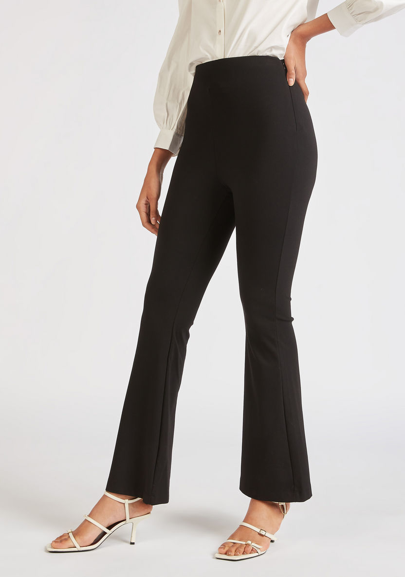 Solid Mid-Rise Flared Leg Pants with Slits and Elasticised Waist-Pants-image-0
