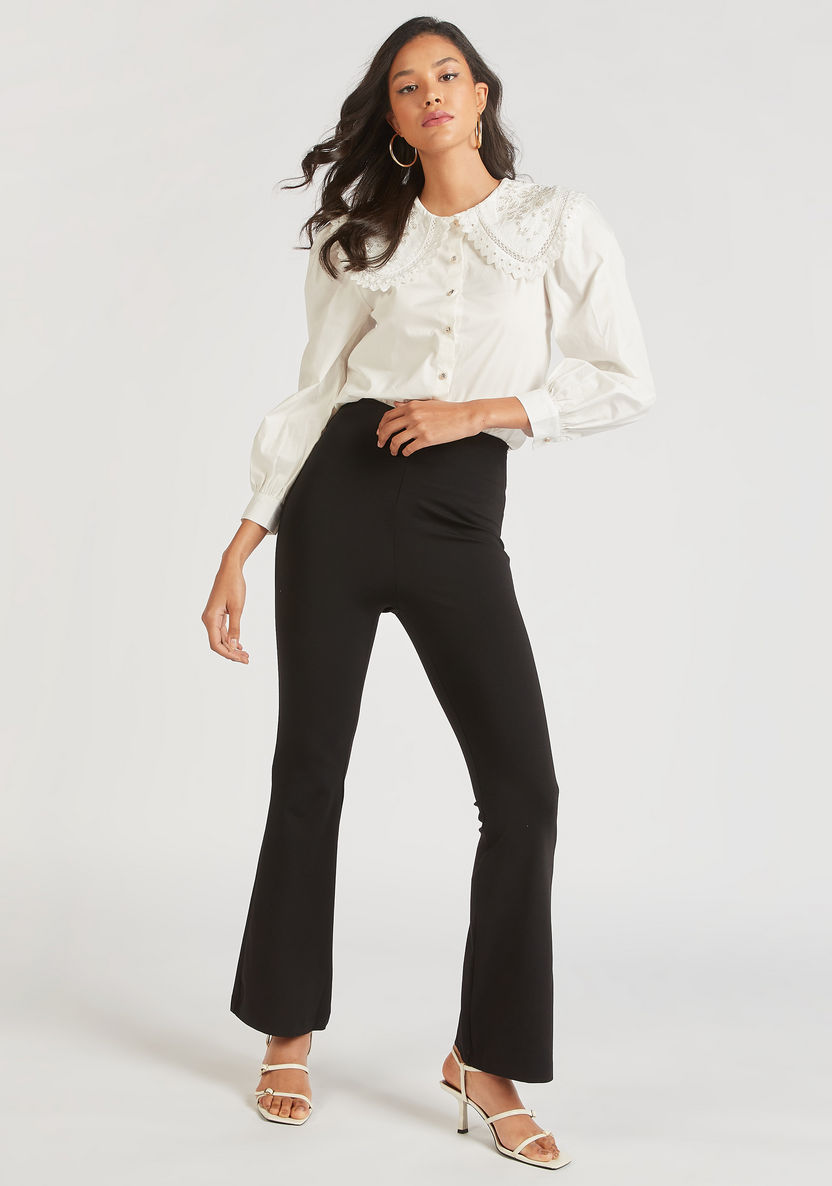 Solid Mid-Rise Flared Leg Pants with Slits and Elasticised Waist-Pants-image-1