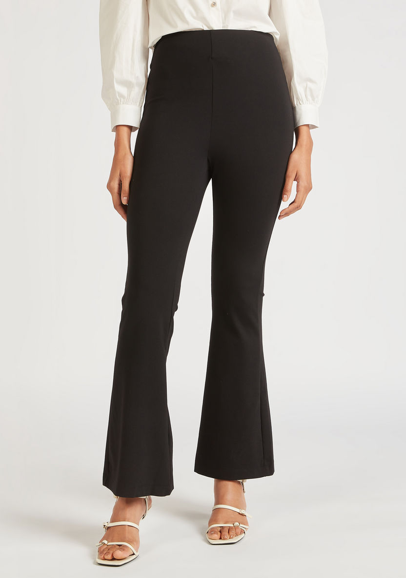Solid Mid-Rise Flared Leg Pants with Slits and Elasticised Waist-Pants-image-4