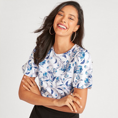 Floral Print Crew Neck T-shirt with Puff Sleeves