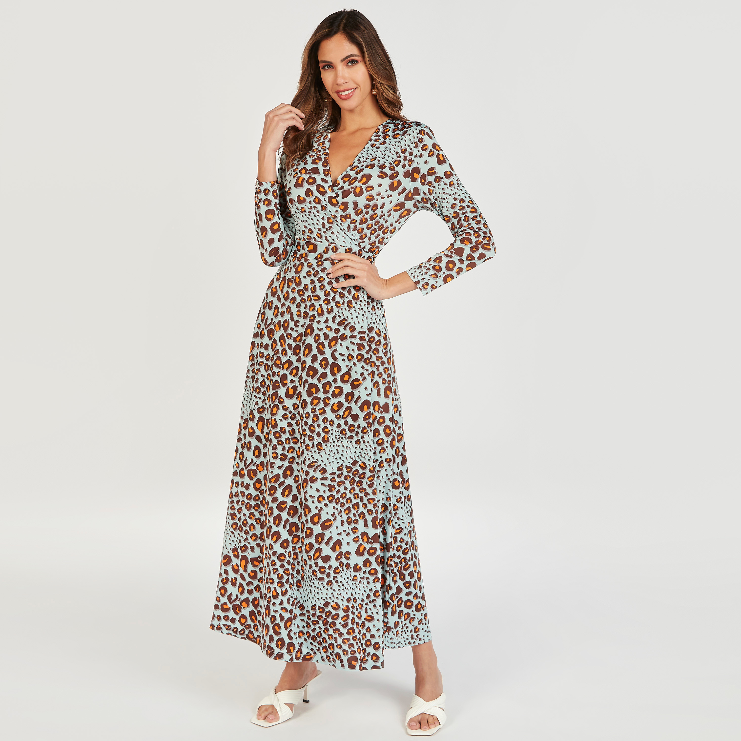 Animal Print Maxi Wrap Dress with Long Sleeves and Tie-Up Belt-women-clothing-dresses-image-1