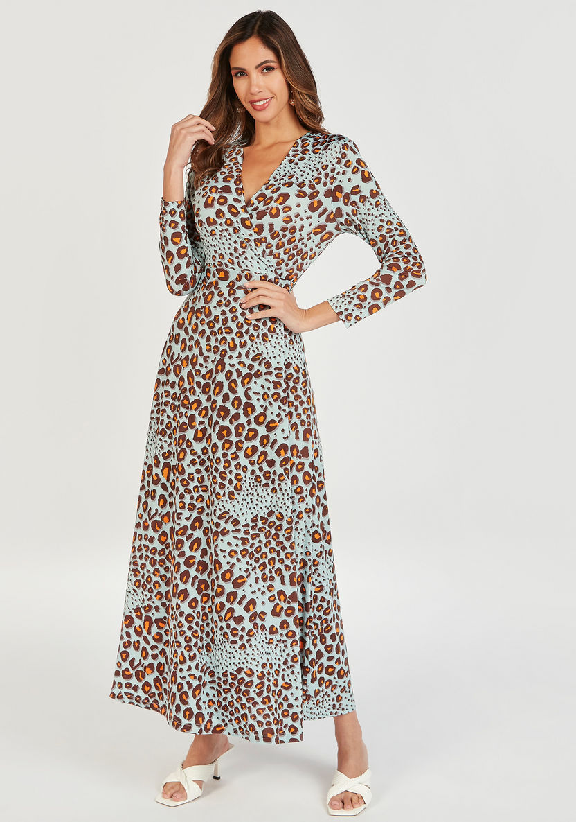 Animal Print Maxi Wrap Dress with Long Sleeves and Tie-Up Belt-Dresses-image-0
