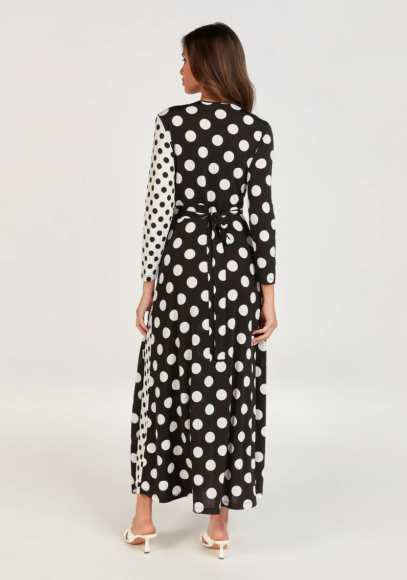 Polka Dot Print Maxi Wrap Dress with Long Sleeves and Tie-Up Belt-Dresses-image-1