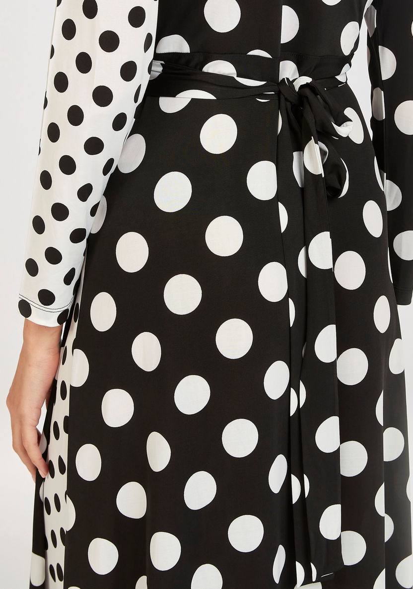 Polka Dot Print Maxi Wrap Dress with Long Sleeves and Tie-Up Belt-Dresses-image-3