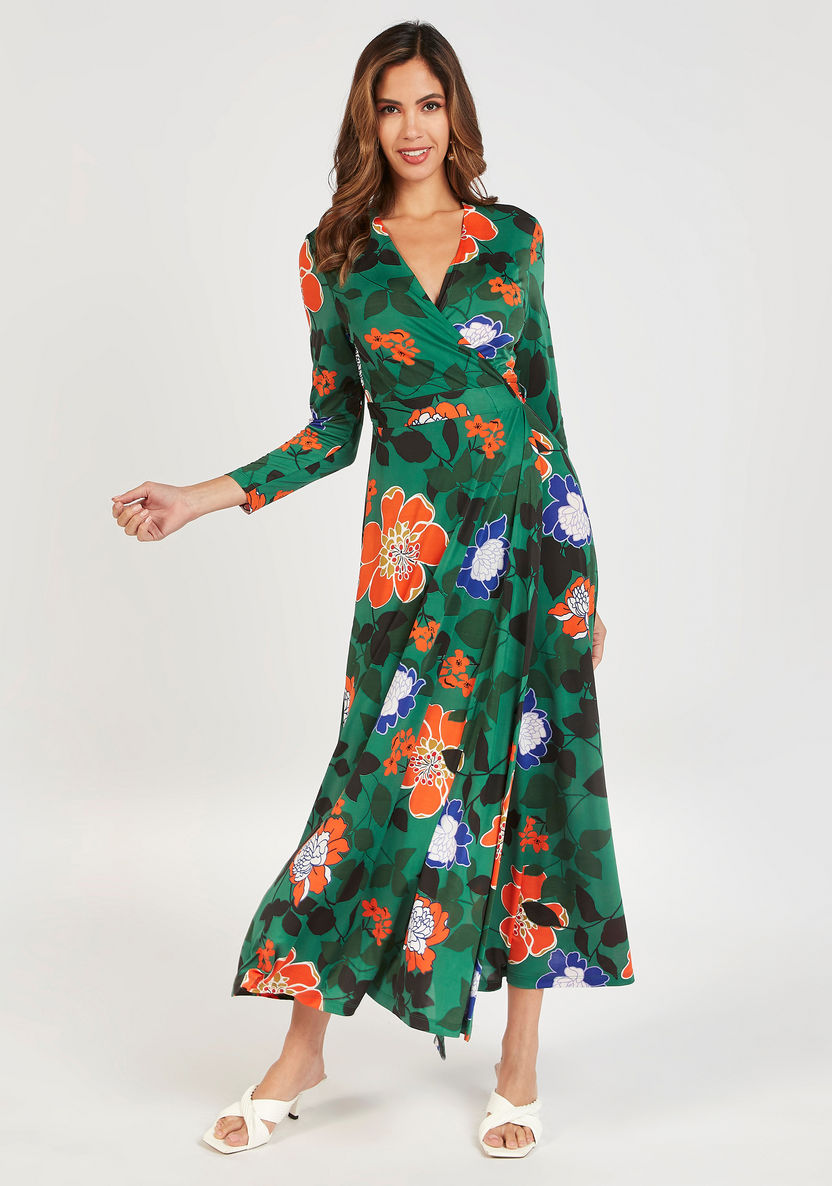 Floral Print Maxi Wrap Dress with Tie-Up Belt and Long Sleeves-Dresses-image-0