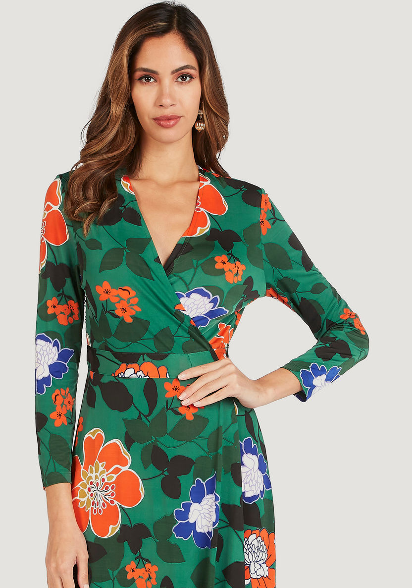 Floral Print Maxi Wrap Dress with Tie-Up Belt and Long Sleeves-Dresses-image-1