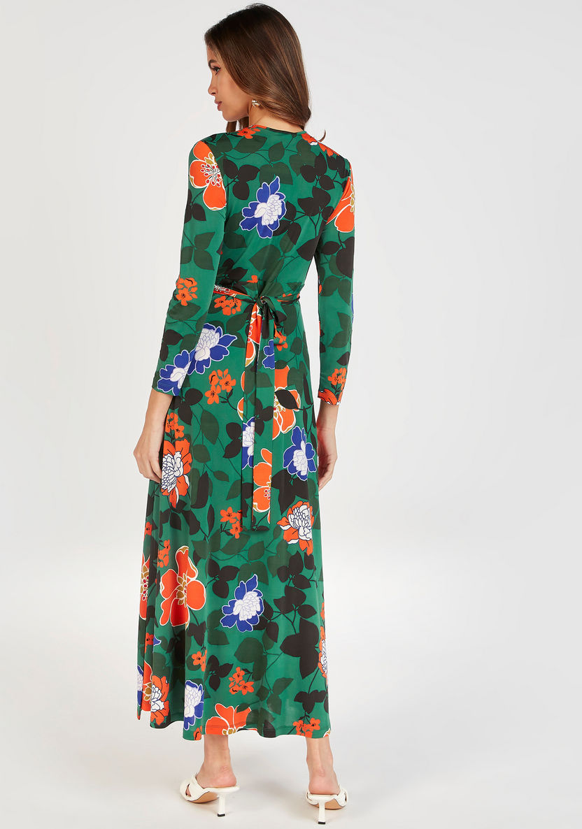 Floral Print Maxi Wrap Dress with Tie-Up Belt and Long Sleeves-Dresses-image-2