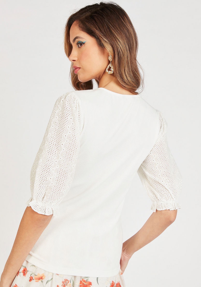 Textured V-neck Top with Button Closure and Puff Sleeves-Tops-image-3
