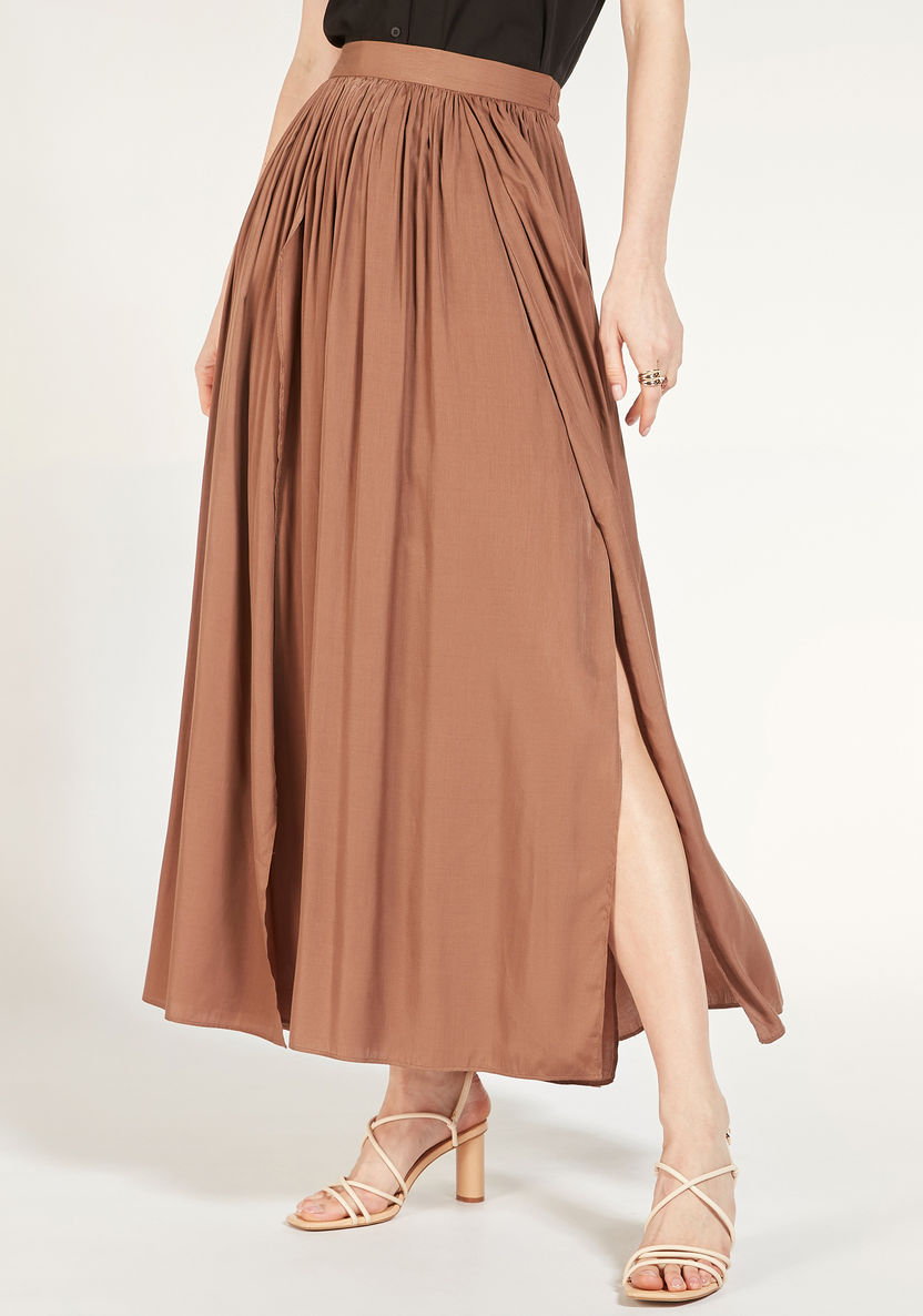 Pleated Maxi A-line Skirt with Elasticised Waist and Slit-Skirts-image-0