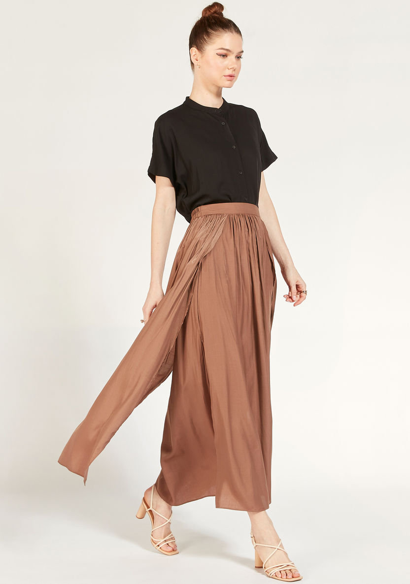 Pleated Maxi A-line Skirt with Elasticised Waist and Slit-Skirts-image-1