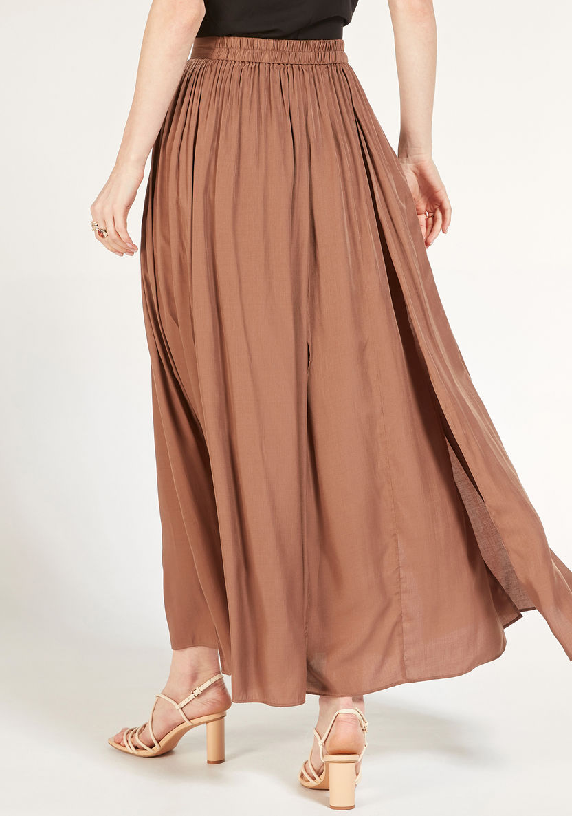Pleated Maxi A-line Skirt with Elasticised Waist and Slit-Skirts-image-3
