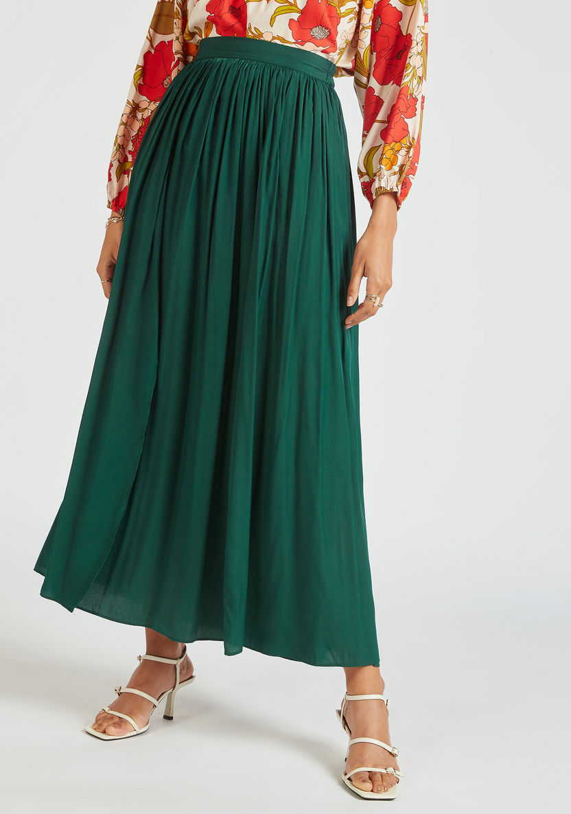 Pleated Maxi A-line Skirt with Elasticised Waist and Slit-Skirts-image-0