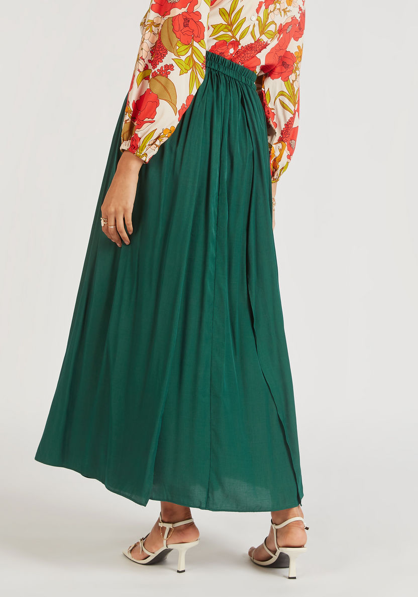 Pleated Maxi A-line Skirt with Elasticised Waist and Slit-Skirts-image-3