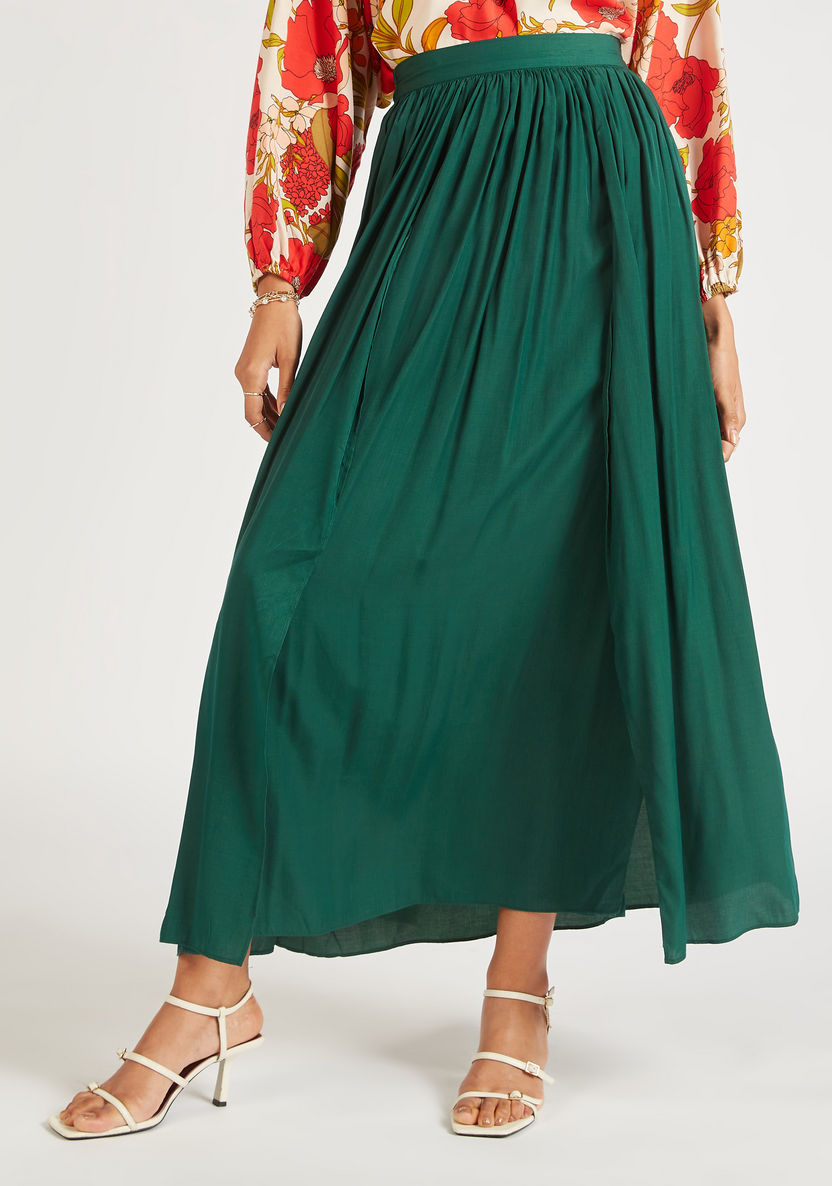 Pleated Maxi A-line Skirt with Elasticised Waist and Slit-Skirts-image-4