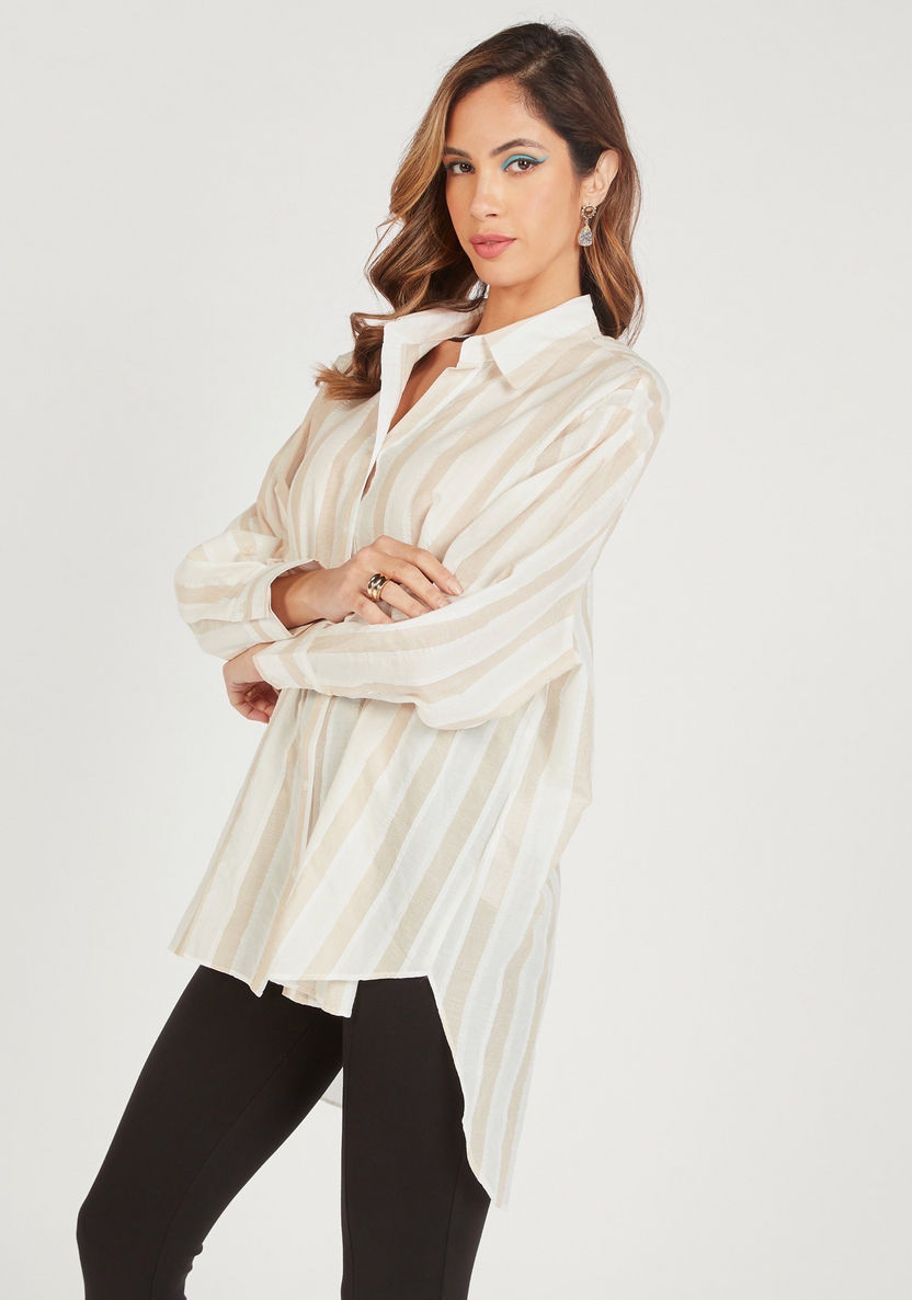 Striped Shirt with High Low Hem and Cutout Detail-Tops-image-3