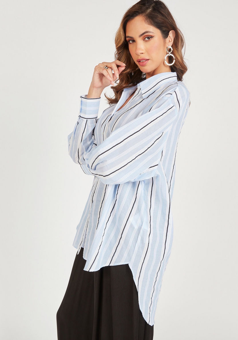 Striped Shirt with High Low Hem and Cutout Detail-Tops-image-0