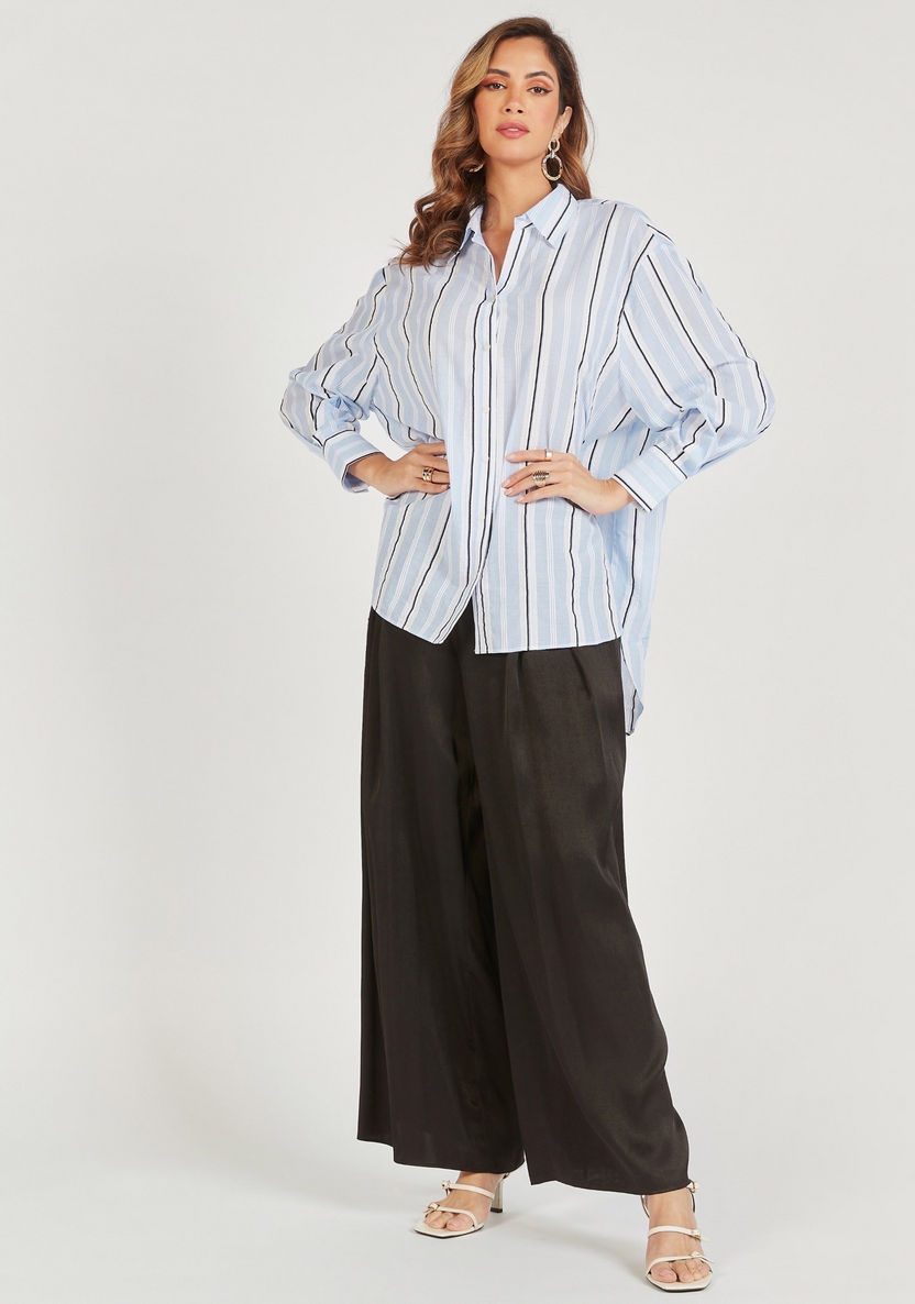 Striped Shirt with High Low Hem and Cutout Detail-Tops-image-1