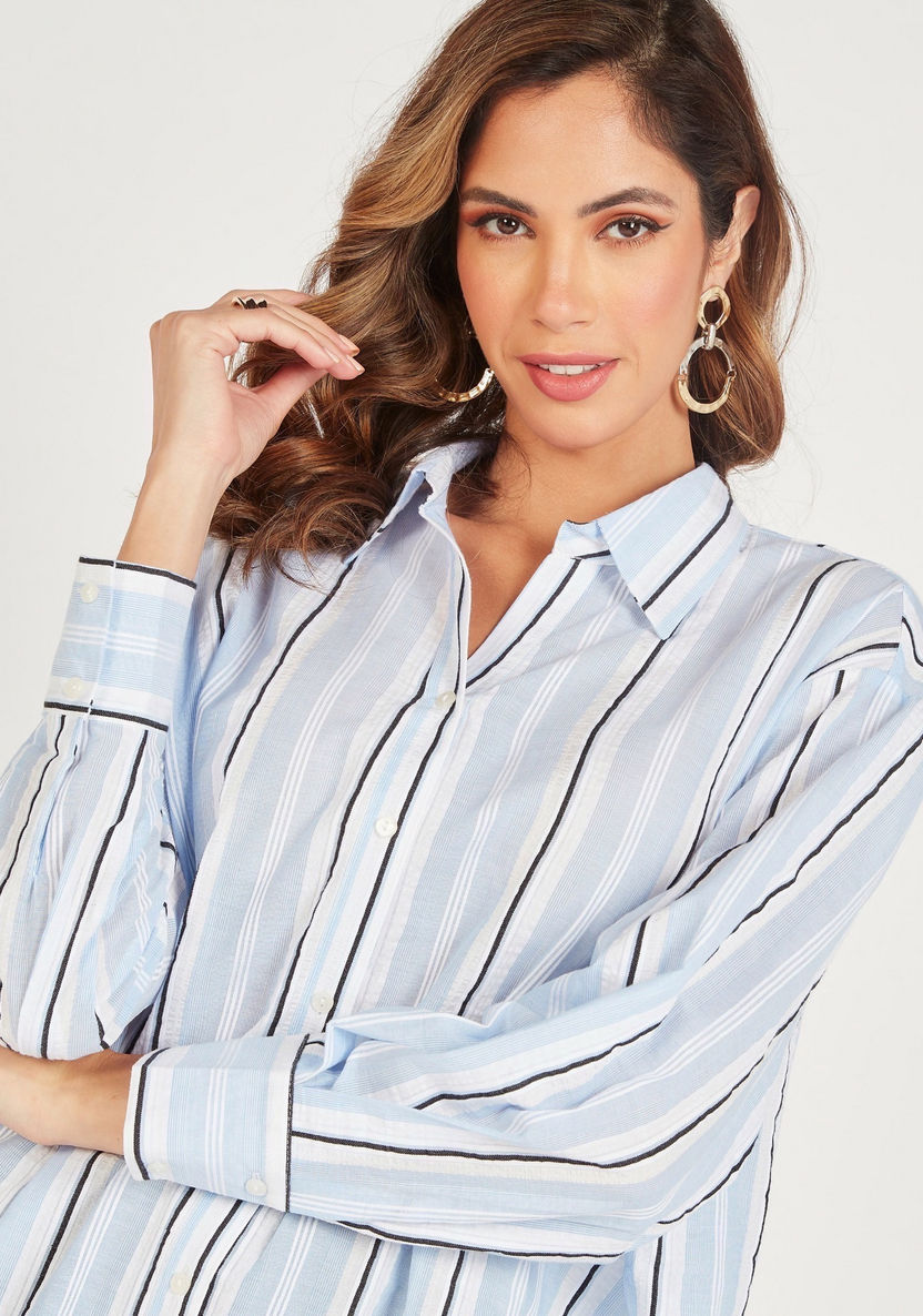 Striped Shirt with High Low Hem and Cutout Detail-Tops-image-2