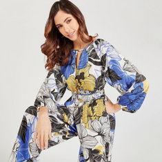 Floral Print Jumpsuit with Keyhole Neckline and Long Sleeves