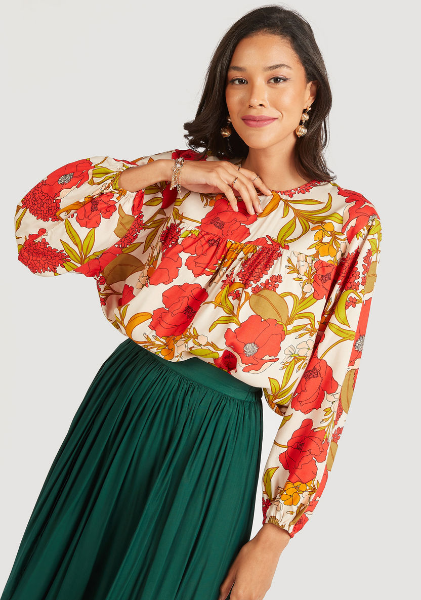 Floral Print Crew Neck Top with Long Sleeves-Tops-image-0
