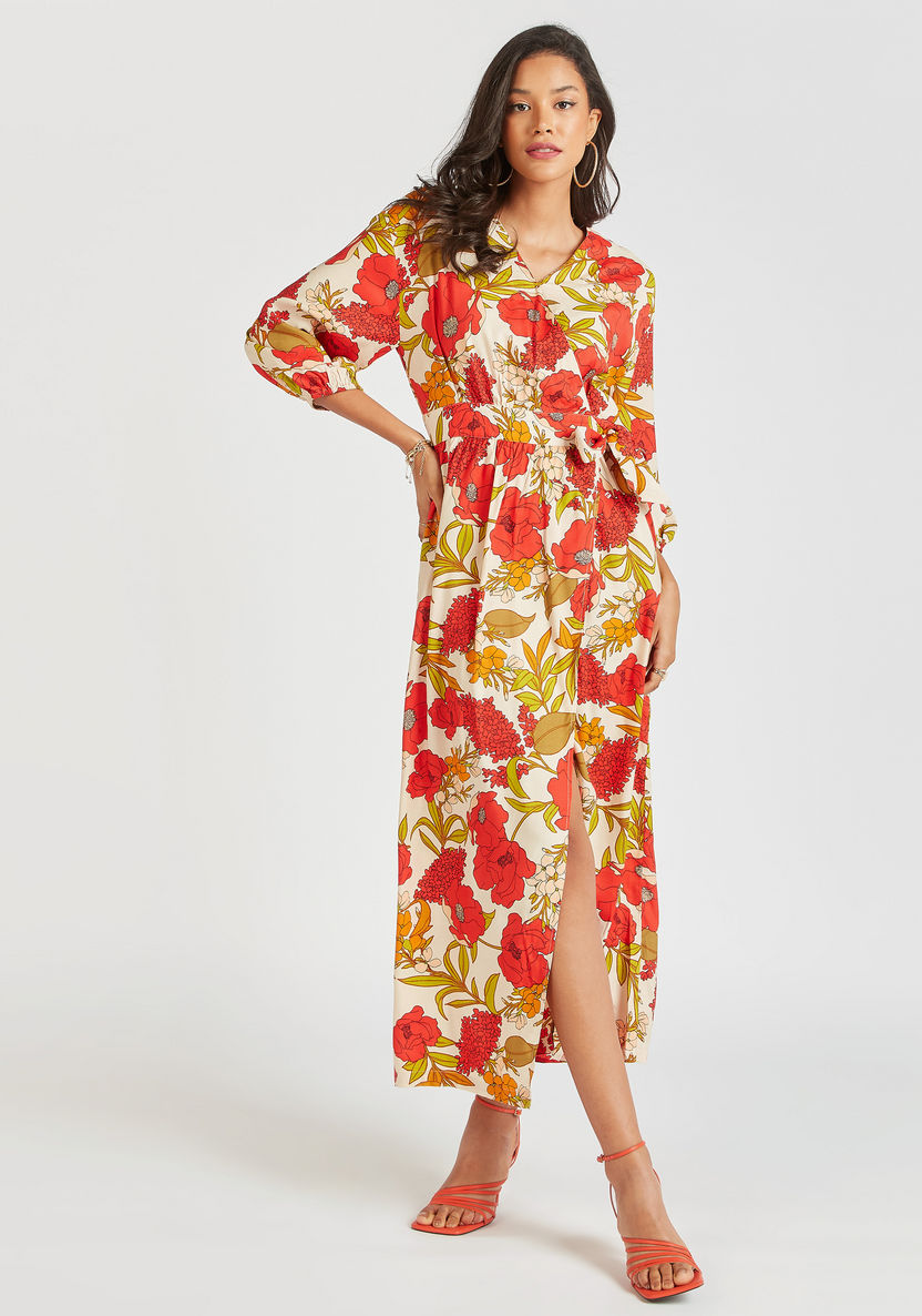 Floral Print Midi Wrap Dress with Long Sleeves and Tie-Up Belt-Dresses-image-0