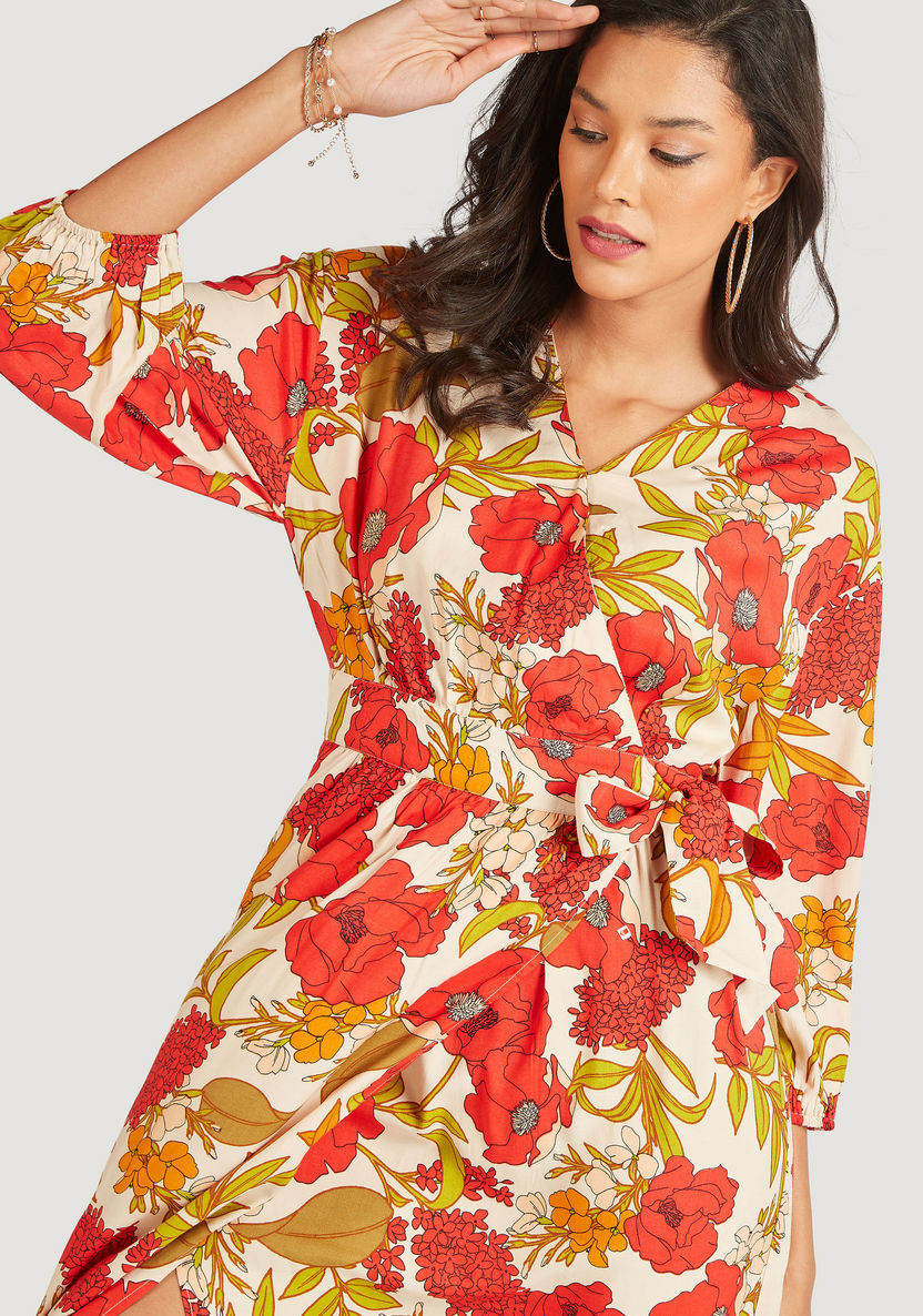 Floral Print Midi Wrap Dress with Long Sleeves and Tie-Up Belt-Dresses-image-1