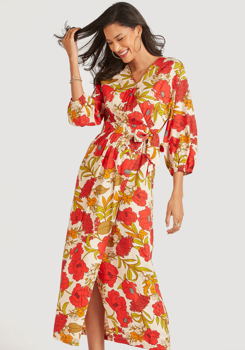 Floral Print Midi Wrap Dress with Long Sleeves and Tie-Up Belt-Dresses-image-2