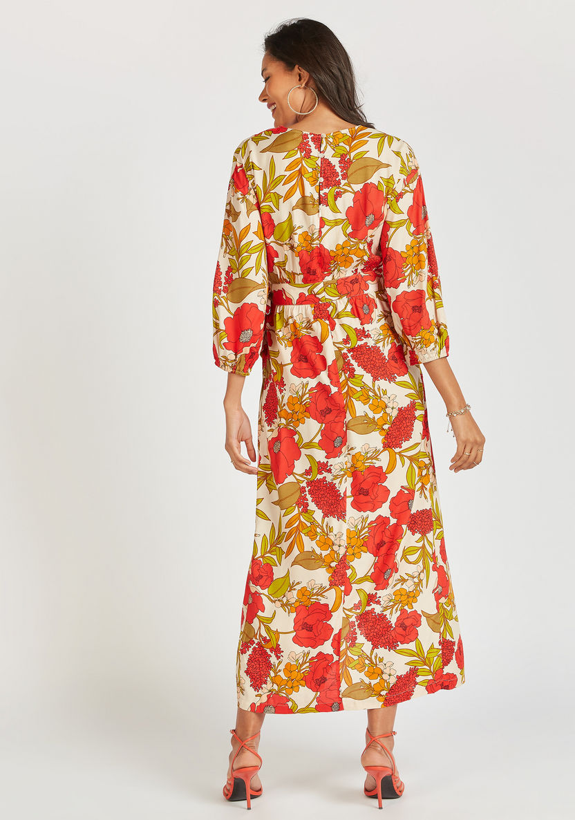 Floral Print Midi Wrap Dress with Long Sleeves and Tie-Up Belt-Dresses-image-3