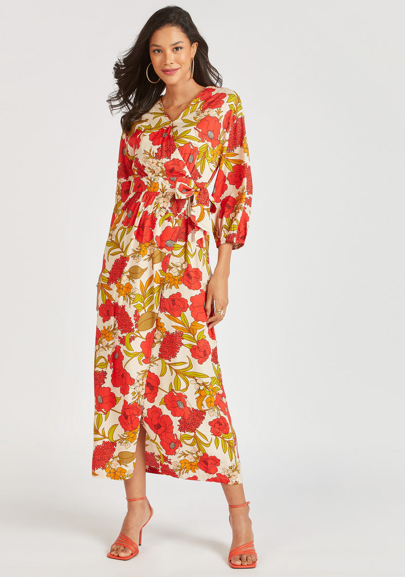 Floral Print Midi Wrap Dress with Long Sleeves and Tie-Up Belt-Dresses-image-5