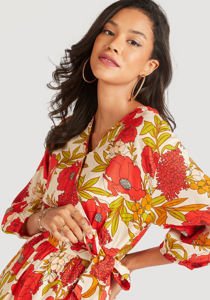 Floral Print Midi Wrap Dress with Long Sleeves and Tie-Up Belt-Dresses-image-6