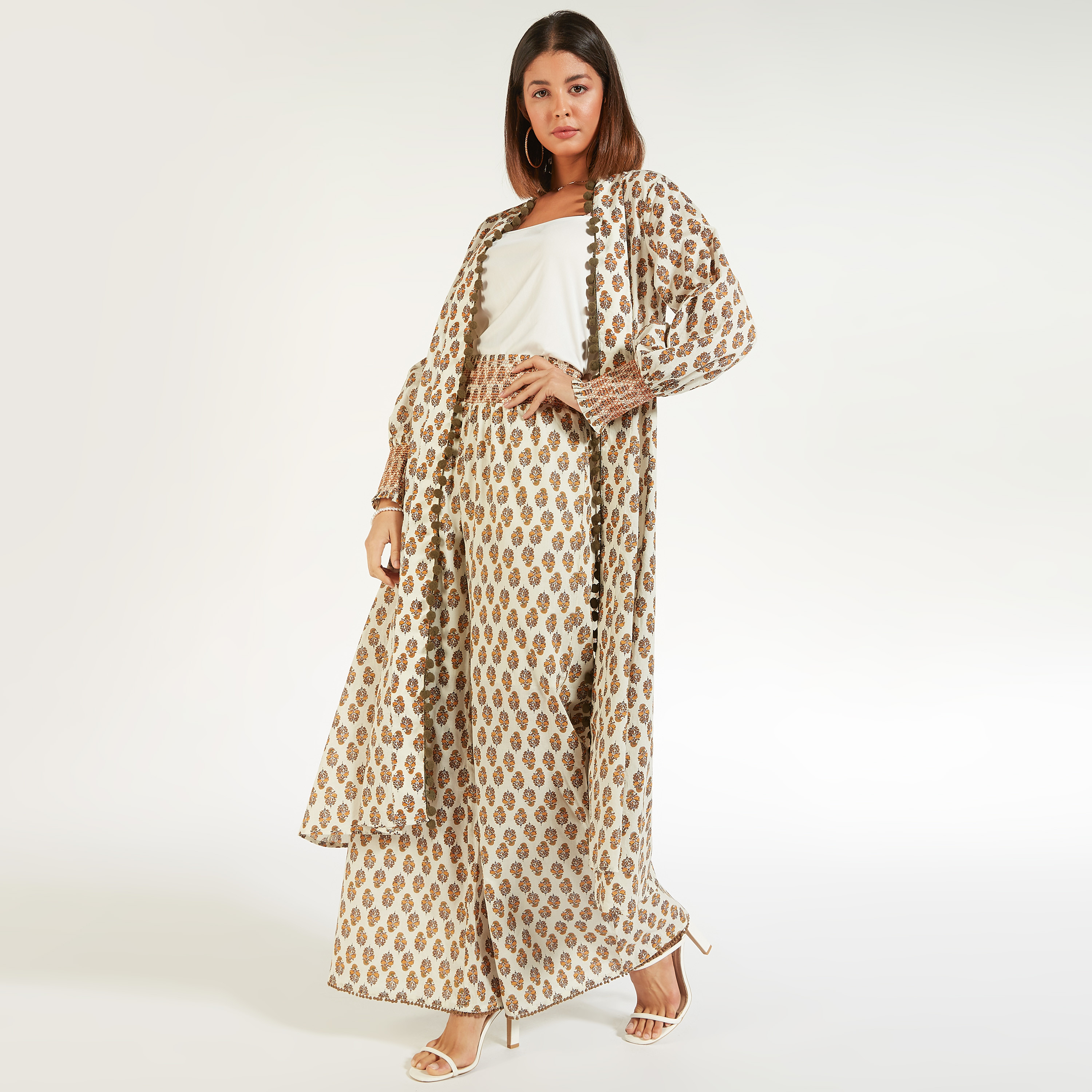 Floral Longline Kimono with Elasticated Sleeve Hems and Pom-Pom Lace-women-clothing-shirtsandblouses-blouses-image-1