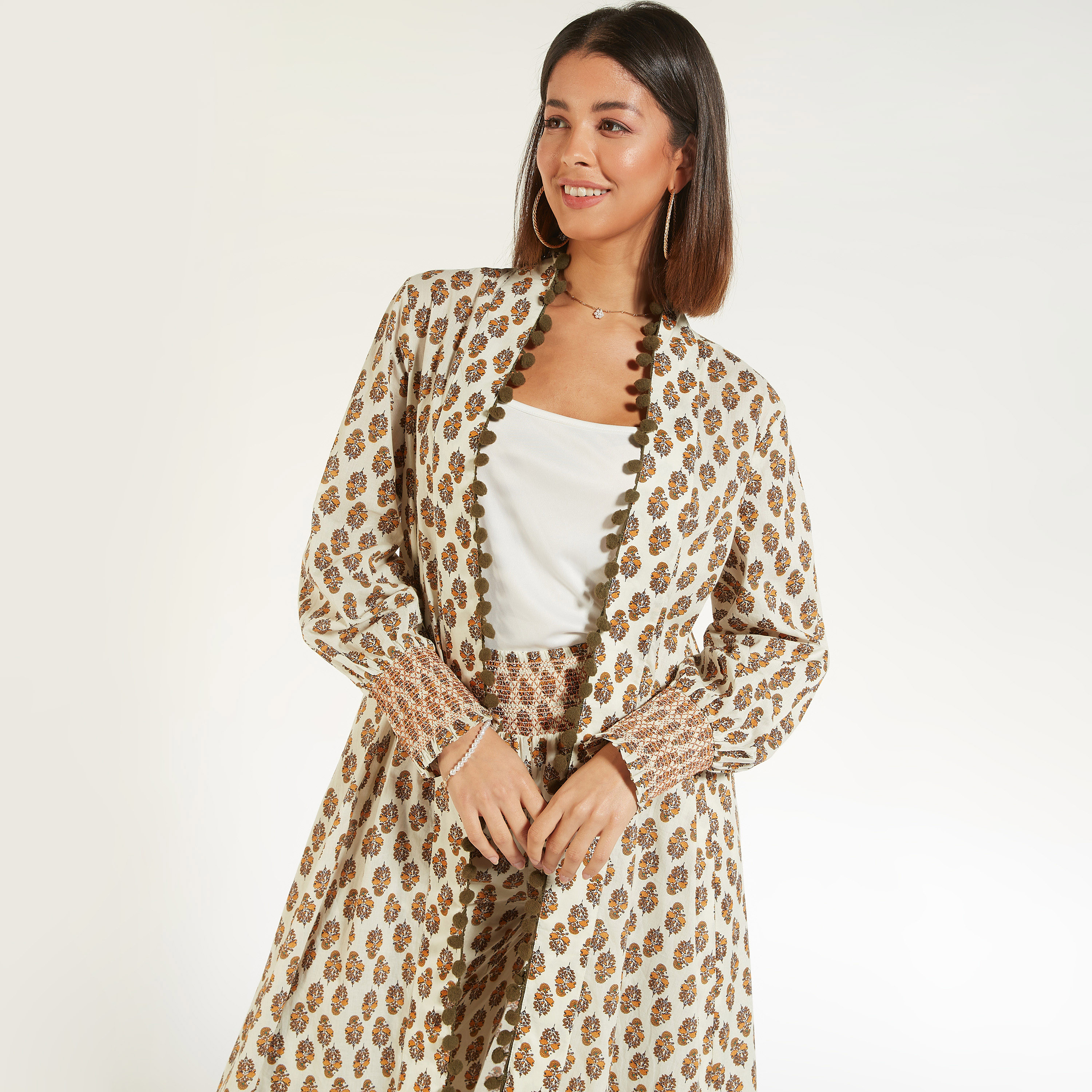 Floral Longline Kimono with Elasticated Sleeve Hems and Pom-Pom Lace-women-clothing-shirtsandblouses-blouses-image-2
