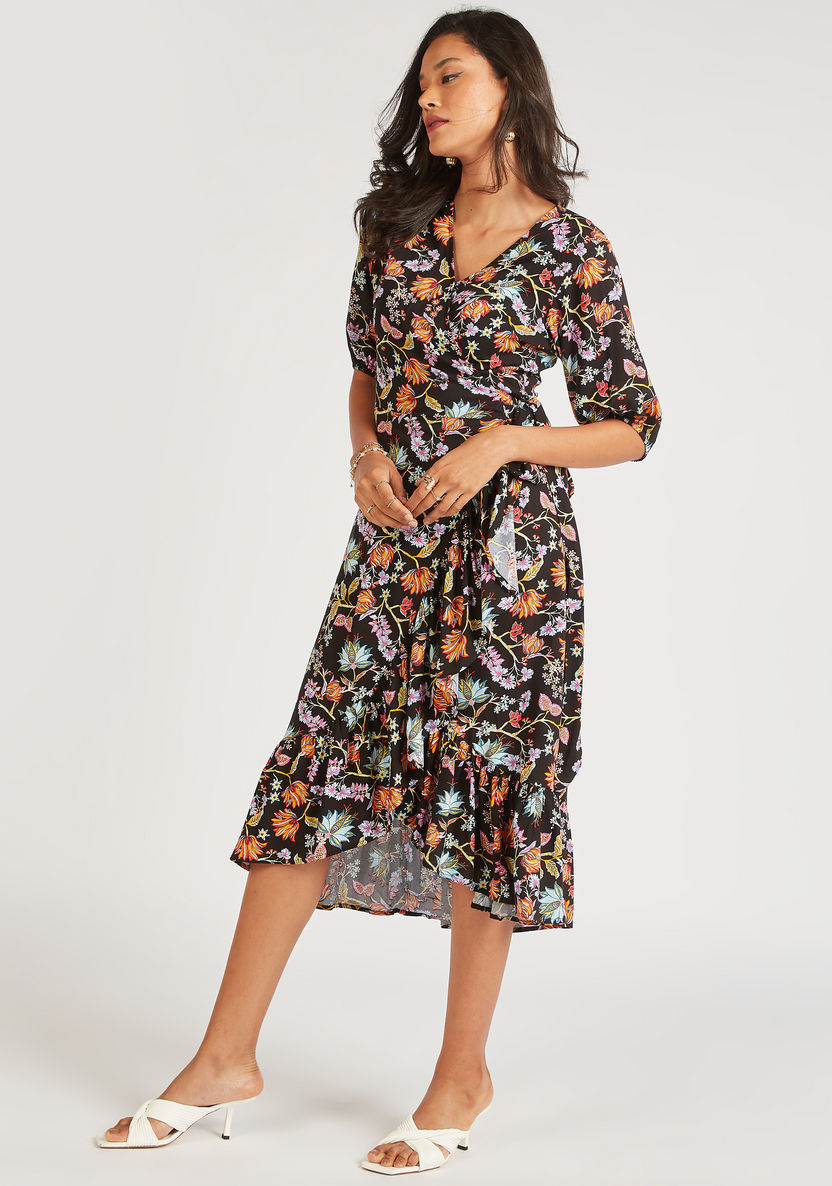 Floral Print Midi Wrap Dress with Short Sleeves and Tie-Up Waist-Dresses-image-0