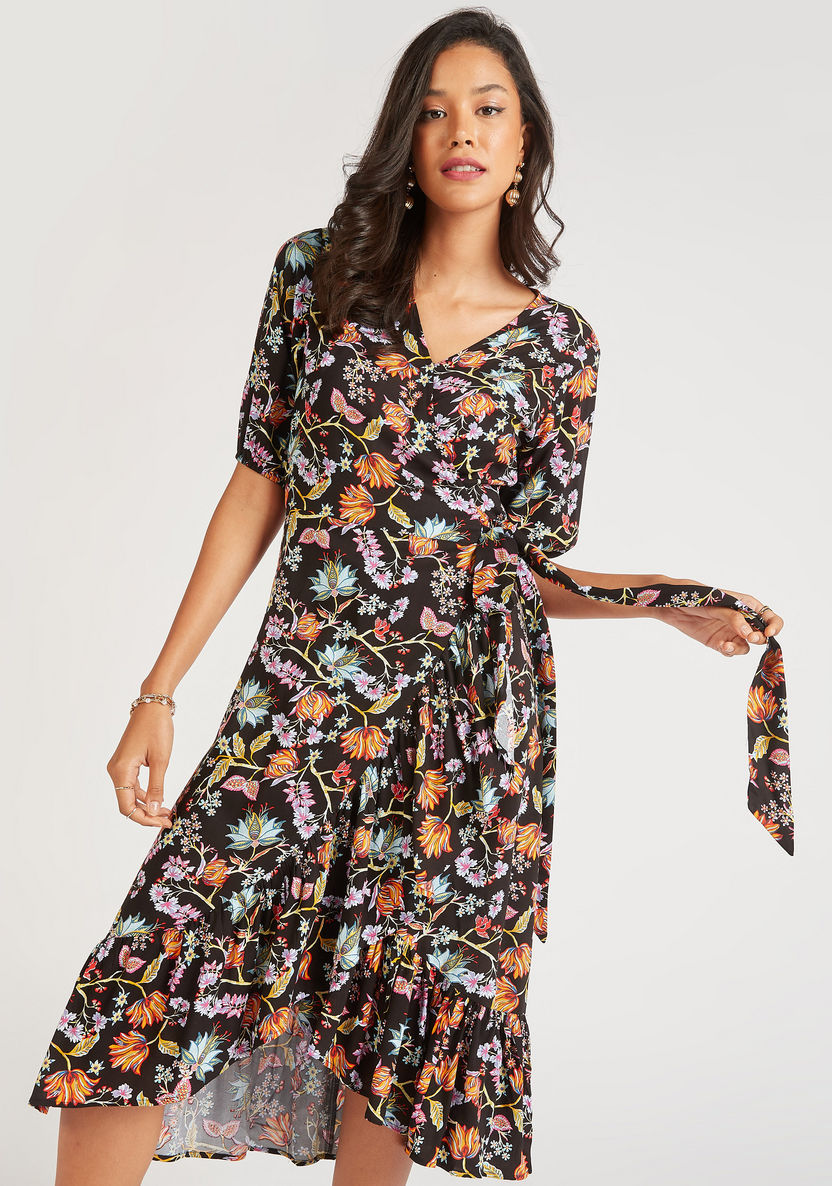 Floral Print Midi Wrap Dress with Short Sleeves and Tie-Up Waist-Dresses-image-2