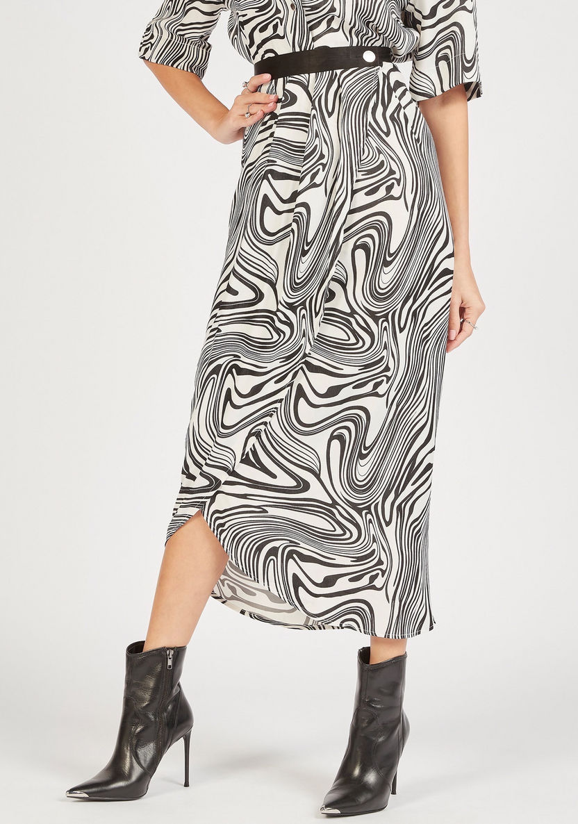 Zebra Print Midi Wrap Skirt with Button Closure-Skirts-image-0