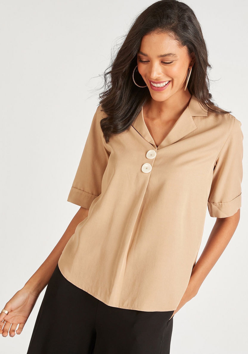 Solid Top with Camp Collar and Short Sleeves-Shirts & Blouses-image-0