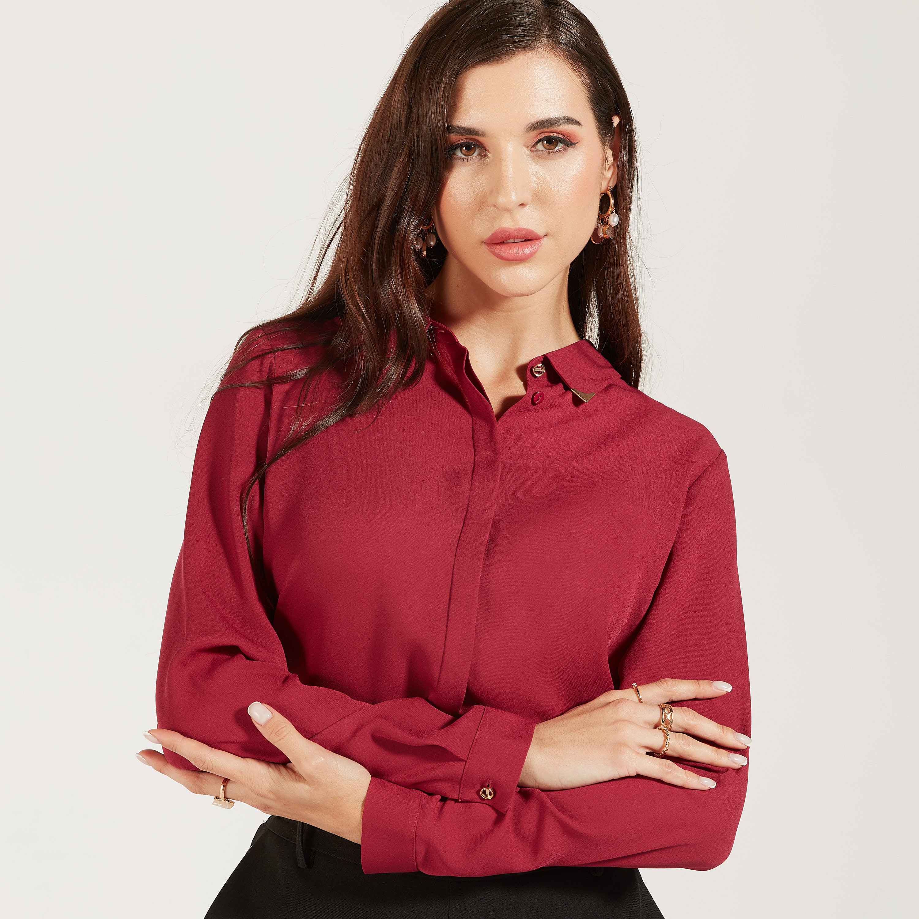 Solid High Low Shirt with Long Sleeves and Button Closure-women-clothing-shirtsandblouses-shirts-image-1