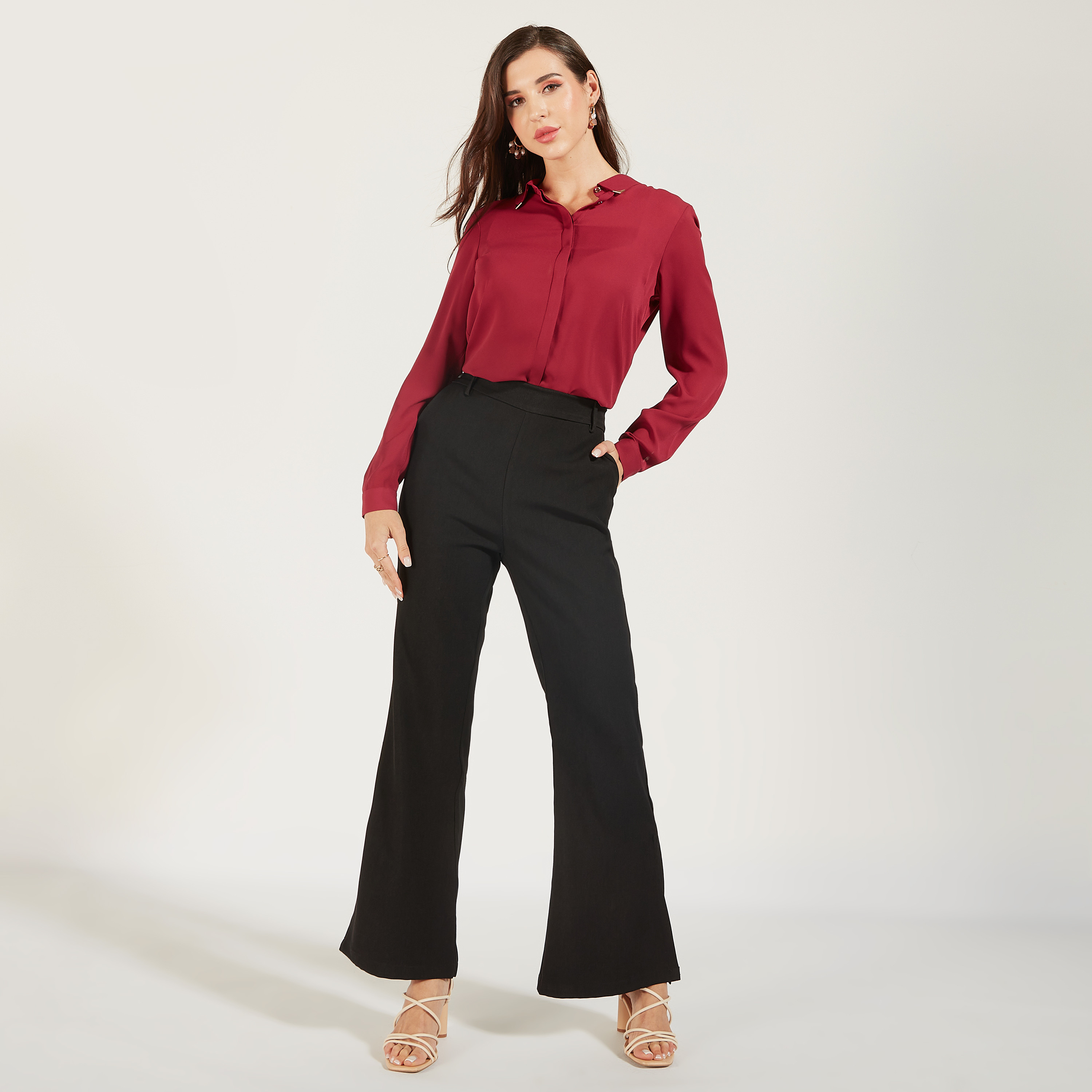 Solid High Low Shirt with Long Sleeves and Button Closure-women-clothing-shirtsandblouses-shirts-image-2