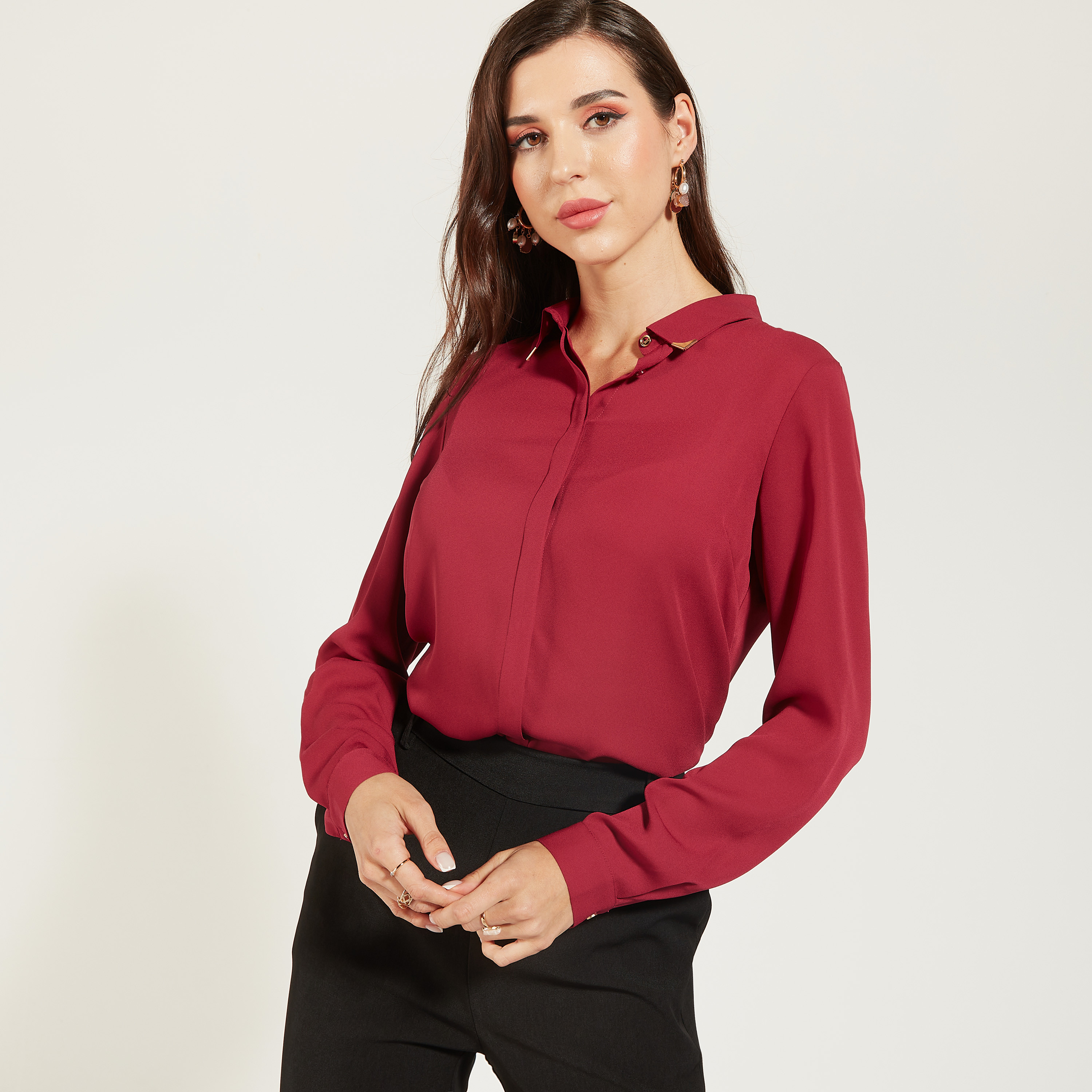 Solid High Low Shirt with Long Sleeves and Button Closure-women-clothing-shirtsandblouses-shirts-image-3