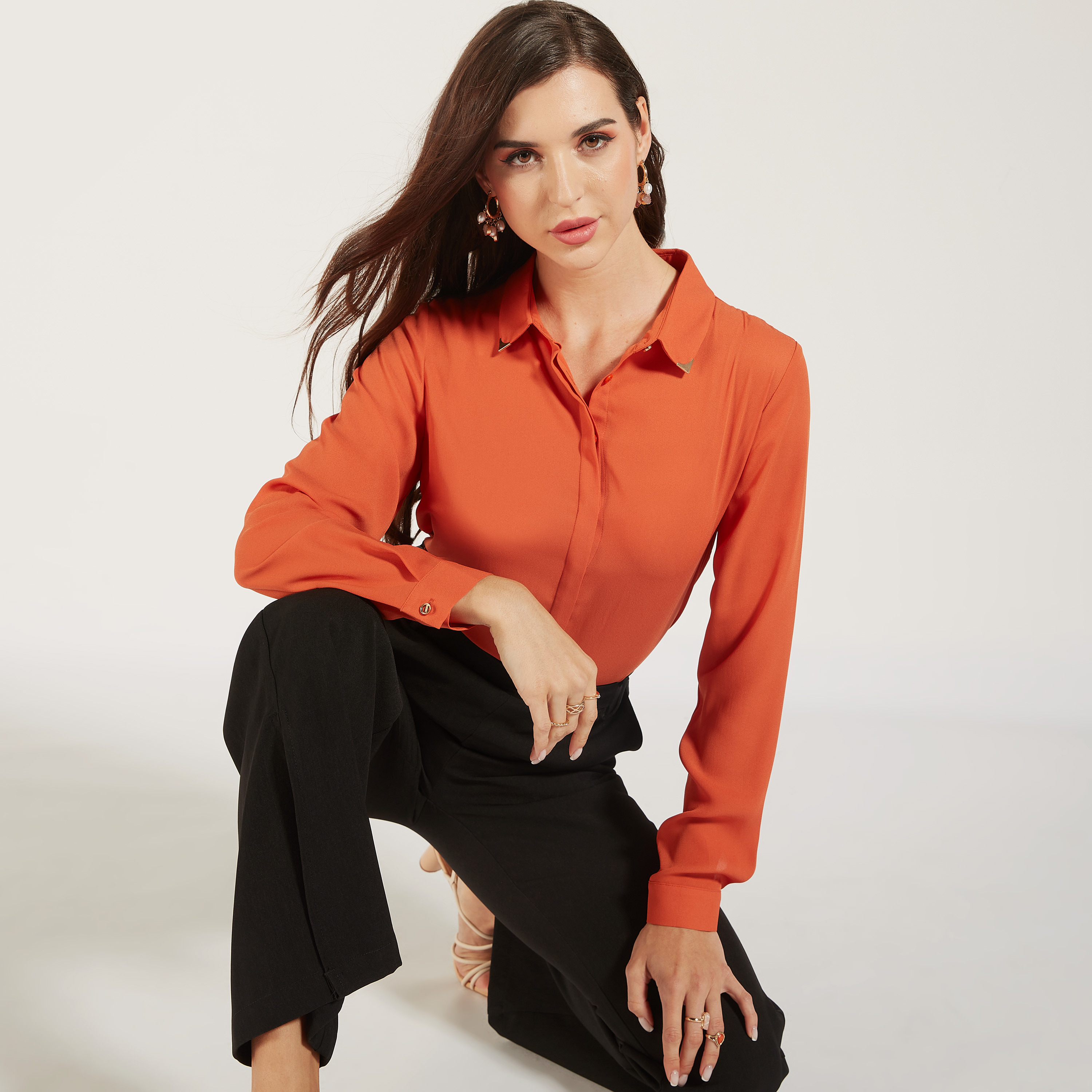 Solid High Low Shirt with Long Sleeves and Button Closure-women-clothing-shirtsandblouses-shirts-image-5