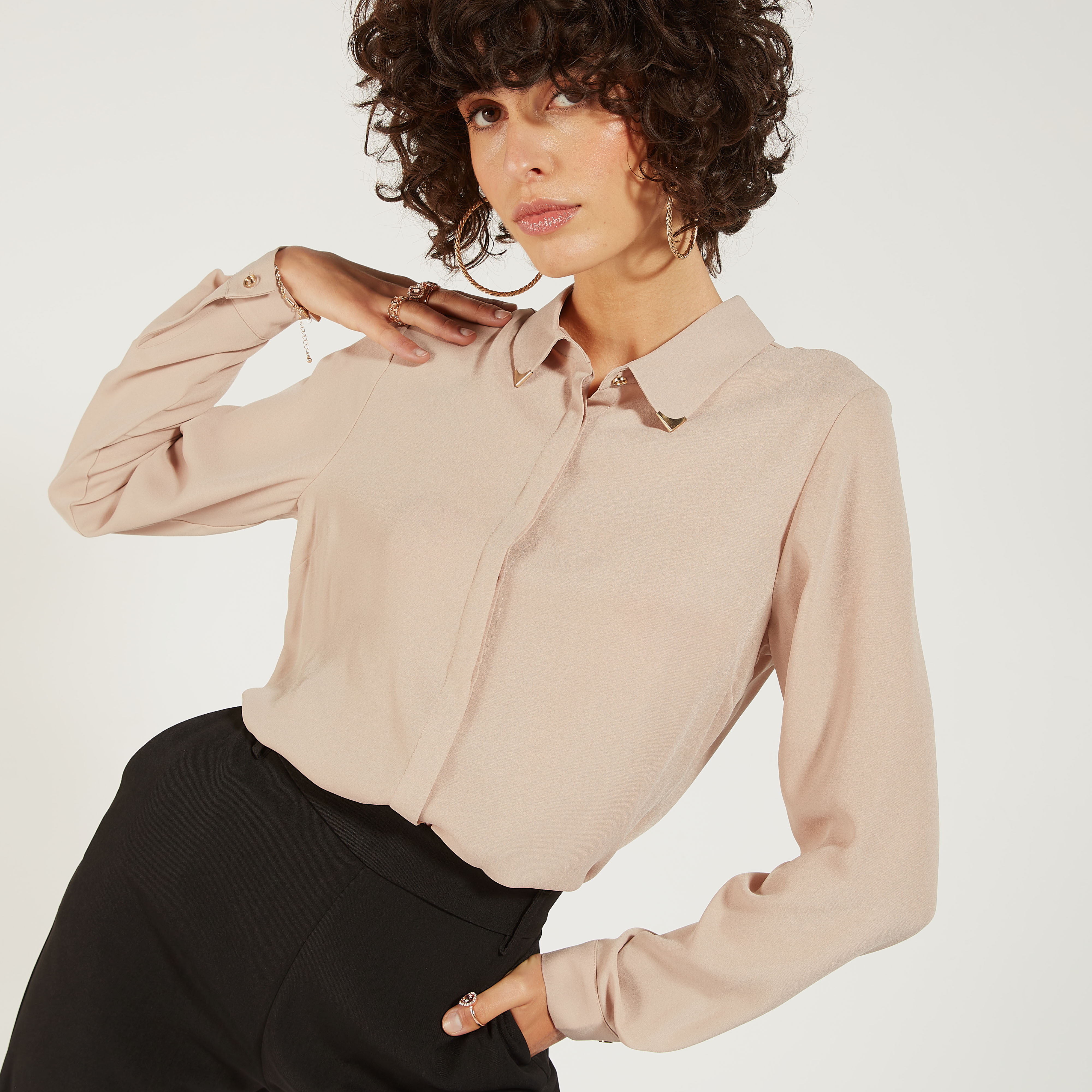 Solid High Low Shirt with Long Sleeves and Button Closure-women-clothing-shirtsandblouses-shirts-image-13