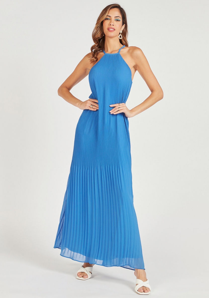Textured Sleeveless Maxi A-line Dress with Halter Neck and Tie-Ups-Dresses-image-0