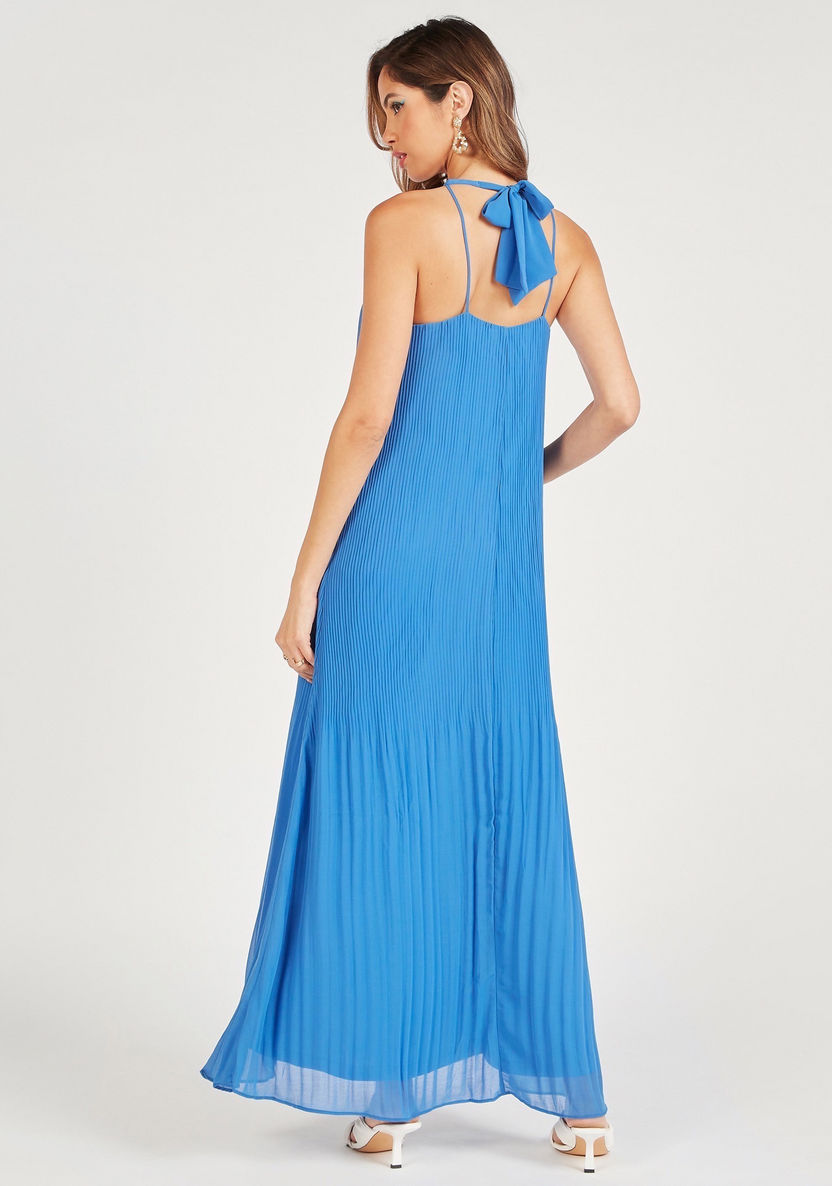 Textured Sleeveless Maxi A-line Dress with Halter Neck and Tie-Ups-Dresses-image-3