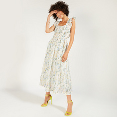 Floral Print Midi A-line Sleeveless Dress with Ruffle and Lace Detail