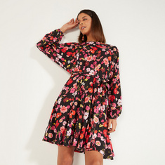 All-Over Floral Print Mini Dress with Long Sleeves and Tie-Up Belt